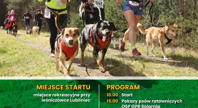 plakat zawodów o puchar dogtrekkingu w Lublińcu na zdjęciu grupa uczestników biegu wraz z swoimi psami biegnących po jednej z wyznaczonych tras w lecie 