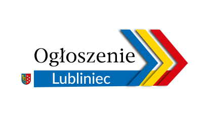 Napis ogłoszenie - Lubliniec, z herbem miasta i grafiką w kolorach miasta