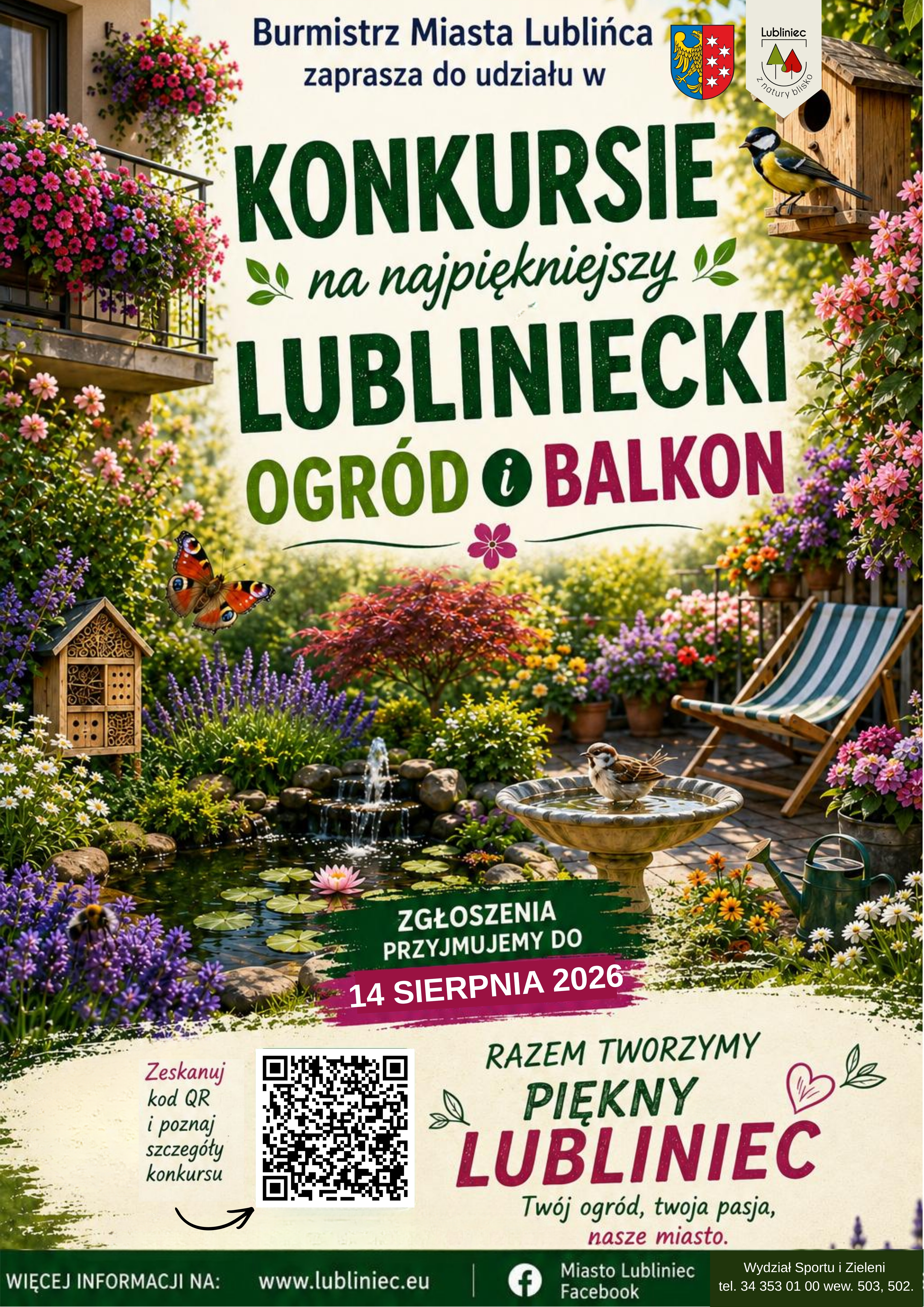 Grafika promująca konkurs pt. "Najpiękniejszy lubliniecki ogród i balkon". W tle grafika ogrodu i balkonu, z informacją o terminie oraz kod QR odsyłający do strony.
