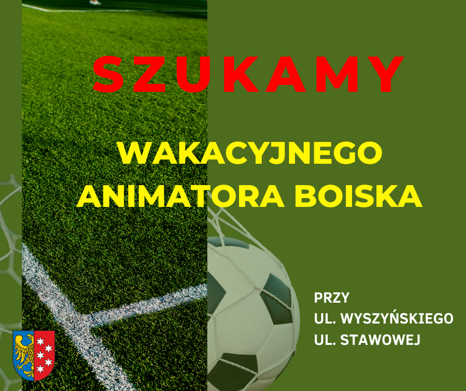 Grafika przedstawiająca boisko i piłkę na zielonym tle z tekstem: szukamy wakacyjnego animatora boiska