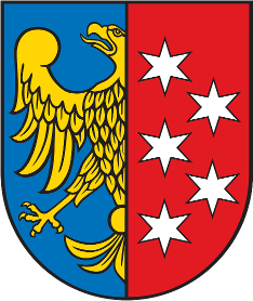 Herb Miasta Lublińca — tarcza przedzielona na pół po lewej stronie żółty orzeł na niebieskim tle, po prawej pięć białych gwiazd na czerwonym tle.