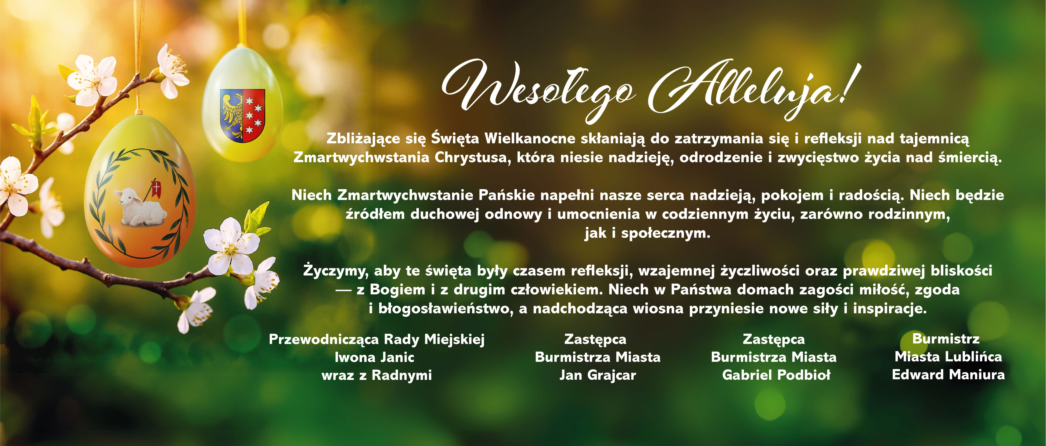 Zbliżające się Święta Wielkanocne skłaniają do zatrzymania się i refleksji nad tajemnicą Zmartwychwstania Chrystusa, która niesie nadzieję, odrodzenie i zwycięstwo życia nad śmiercią. dwie pisanki wiszące na gałązce kwitnącej jabłoni, w tle prześwituje zielone tło 