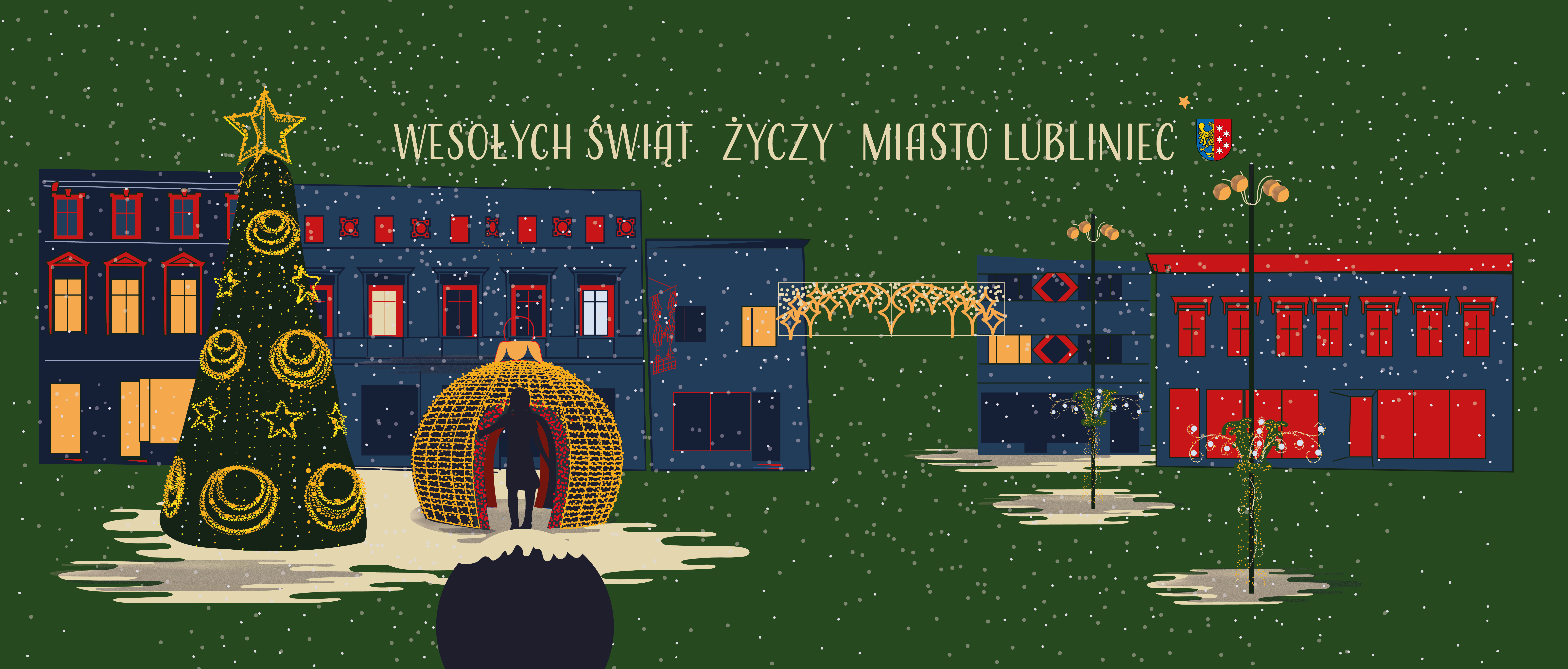 grafika z odrysowanymi kamienicami na rynku choinką miejską oraz rysunkiem fontanny z Edytką na tle świątecznej bombki