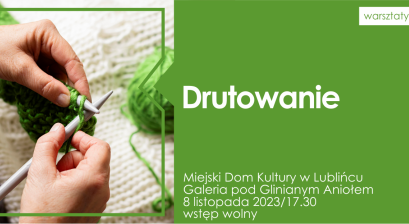 Na grafice zdjęcie dłoni wykonujących coś na szydełku