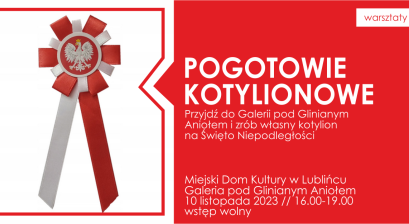 Na grafice biało-czerwona rozetka z symbolem godła Polski orłem białym 