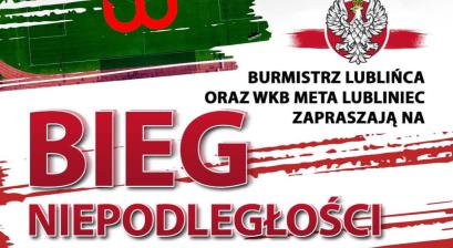 plakat biegu niepoległości z duzym tytułem i wzorem jaki zostanie ułożony przez zgromadzonych na boisku przez uczestników