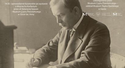 portret Wojciecha Korfantego, starszy meżczyzna pracujący przy biurku zdjęcie z boku w sepii
