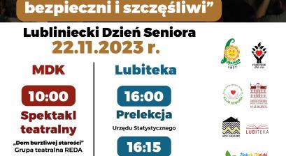 plakat Dnia Seniora 22.11.2023 plan wydarzeń MDK i Lubiteka z zdjęciem grupy teatralnej z Redy