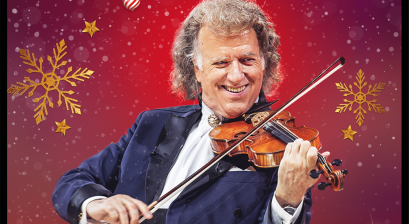 Na plakacie Andre Rieu na świątecznym tle