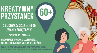 Grafika z dwoma kobietami w starszym wieku i wiankiem z elementami dekoracji świątecznych