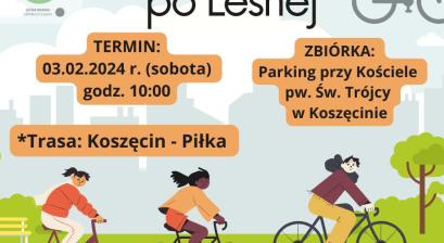 Plakat zapraszający na wycieczkę rowerową. Trzech rowerzystów jedzie ścieżką rowerową, w tle widać drzewa i budynki.