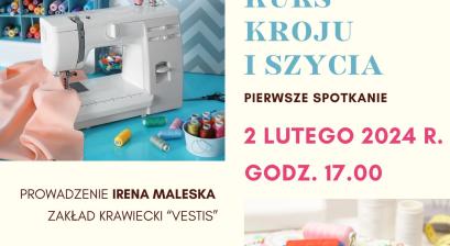 plakat kursu kroju i szycia z maszyną do szycia podczas pracy treść plakatu w opisie wydarzenia