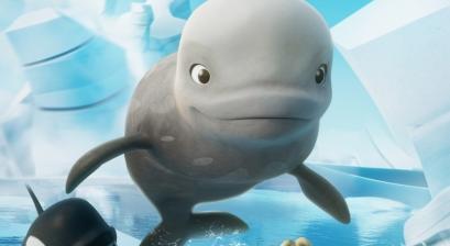 plakat filmu „KATAK. PODWODNA PRZYGODA”  białuch wyłaniający się z wody zbitej lodem wraz z przyjaciółmi 