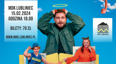 Na plakacie mężczyzna trzymający się za głowę po jego prawej strony chłopak a po lewej dziewczyna