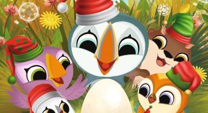 plakat filmu „WYSPA PUFFINÓW. NOWI PRZYJACIELE”z rysunkowymi postaciami bohaterów filmów przemiłymi ptaszkami puffinami