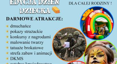 treśc plakatu  w opisie wydarzenia, pare zdjęć z poprzednich wydarzeń, mundurowi, zamek dmuchan, pomalowana dziewczynka