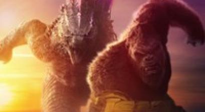 Plakat filmu GODZILLA I KONG: NOWE IMPERIUM. Godzilla i King Kong biegną przed siebie ramię w ramię na tle zachodzącego słońca