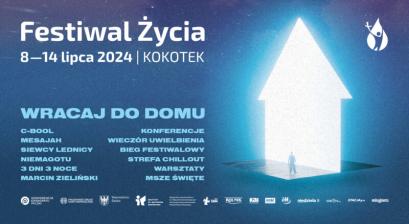 Plakat w niebieskich kolorach z programem Festiwalu Życia