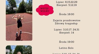 plakat zajęć sportowych z harmonogramem i zdjęciem prowadzącej