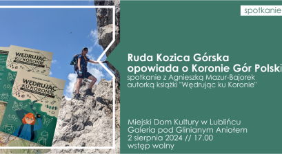 Grafika informująca o wydarzeniu Ruda Kozica Górska opowiada o Koronie Gór Polskich 