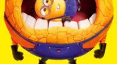 Plakat filmu GRU I MINIONKI: POD PRZYKRYWKĄ. Duży minionek trzymający w ustach mniejszego minionka