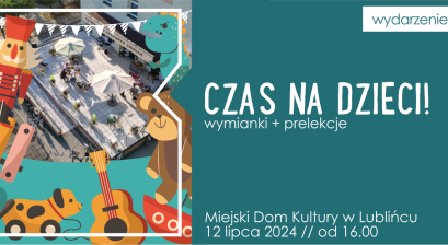 Grafika z elementami dziecięcych zabawek w tle zdjęcie tarasu Galerii pod Glinianym Aniołem 