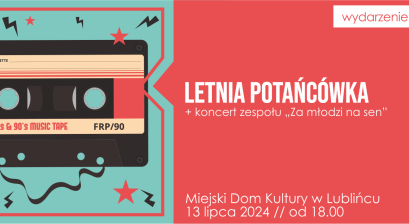 Grafika informująca o wydarzeniu ,,Letnia potańcówka'' z kasetą i rozwijającą się taśmą