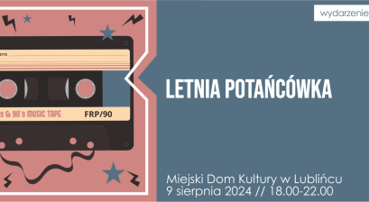 Grafika informująca o wydarzeniu ,,Letnia potańcówka'' z kasetą i rozwijającą się taśmą