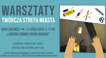 Grafika z rękami ludzkimi, na stoilku narzędzia takie jak nożyczki długopis i zdjęcie domka