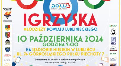 plakat z kołami olimpijskimi z informacją, że 10 października odbędą się na stadionie miejskim igrzyska 