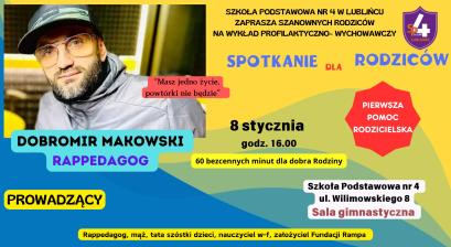 plakat infotmacyjny treść w opisie wydarzenia z małym zdjęciem prowadzącego spotkanie Dobromira Makowskiego