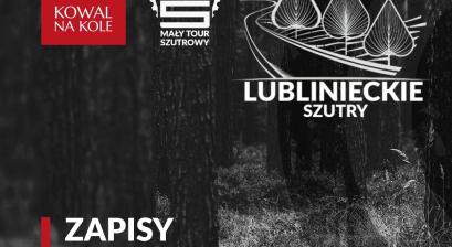 plakat o ogłoszeniu zapisów ciemne tło w górnym prawym rogu  logo Lublinieckich szutrów trzy drzewa przy trasie rowerowej