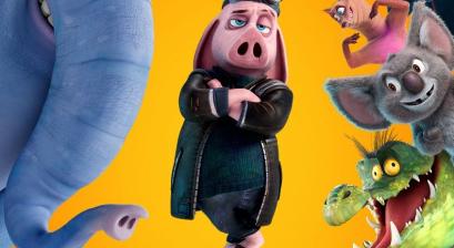 plakat filmu animowanego postać głównego bohatera świnki detektywa ubranego w czarny płaszcz