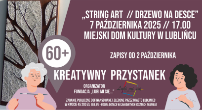 Grafika zapowiadająca warsztaty Kreatywny Przystanek 60+ ,,String Art // Drzewo na desce”
