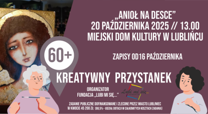Grafika zapowiadająca warsztaty Kreatywni 60+ ,,Anioł na desce''