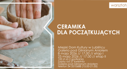 Grafika zapowiadająca warsztaty ,,Ceramika dla początkujących'' 