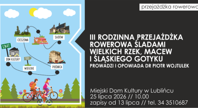 Grafika zapowiadająca III Rodzinną Przejażdżkę Rowerową „Śladami Wielkich Rzek, Macew i Śląskiego Gotyku”