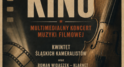 Plakat zapowiadający multimedialny koncert muzyki filmowej ,,Kocham Kino''