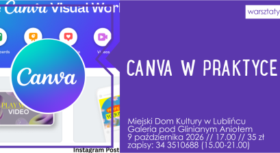 Grafika zapowiadająca warsztaty  ,,Canva w praktyce. Od pomysłu do gotowego projektu’'