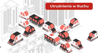 Rysunek miasta naszkicowane bloki, ,między nimi stojące na ulicach jeden za drugim auta w korku. 