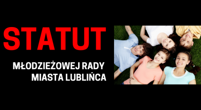 Grafika ze zdjęciem młodzieży na czarnym tle oraz tekstem: Statut Młodzieżowej Rady Miasta Lublińca