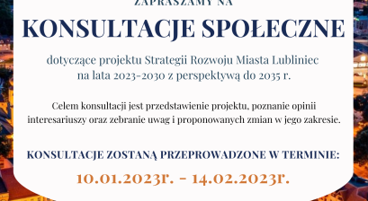 konsultacje społeczne informacja na tle zdjęcia z panoramą Lublińca - informacja w treści 
