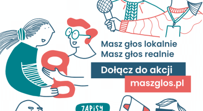 narysowane postacie rozmawiające ze sobą z podpisami "Masz głos lokalnie, masz głos realnie" Fundacji Batorego opis akcji masz głos w treści aktualności 