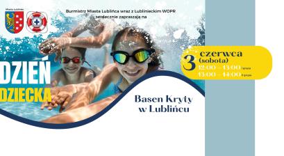 Plakat z grafiką dzieci nurkujących w tle oraz napisem Dzień Dziecka na Basenie Krytym w Lublińcu z terminem wydarzenia
