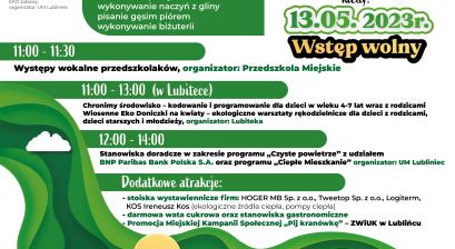 Gorąco zapraszamy dzieci, młodzież i dorosłych do wzięcia udziału w 2 Rodzinnym Pikniku Ekologicznym, który odbędzie się 13 maja 2023 roku w godzinach 11:00 – 16:00 na Bulwarze Europejskim.  Na gości Pikniku czeka wiele atrakcji, między innymi:      ekologiczne warsztaty i zabawy „Walka o czyste powietrze”;      konkursy z nagrodami;      EKO zabawy – wykonywanie naczyń z gliny, pisanie gęsim piórem, wykonywanie biżuterii;      występy wokalne przedszkolaków;      wiosenne Eko Doniczki na kwiaty, Eko-kodowa