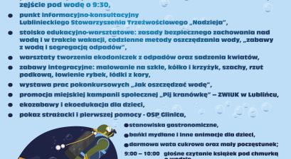 plakat z informacjami o programie zawartymi poniżej z rysunkiem nurka wypływającym z otworu wody 