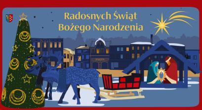 kartka świąteczna z widokiem rynku miejskiego wraz z choinką miejska i dekoracjami świątecznymi na rynku miejskim 