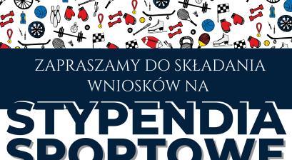 Grafika z napisem stypendia sportowe - zaproszenie do składania wniosków; w tle kolorowe obrazki dyscyplin sportowych