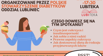 Plakat z informacjami o spotkaniu o darmowym spotkaniu dla osób chorych na cukrzycę 