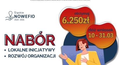 Grafika z informacjami o naborze w konkursie grantowym NOWEFIO, kwotą możliwego dofinansowania oraz terminem naboru 